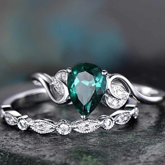 🔥  Elegant Dainty Lake Green Anillos 925 Silver Couple Ring Set, VIP211 - Picture 3 of 6